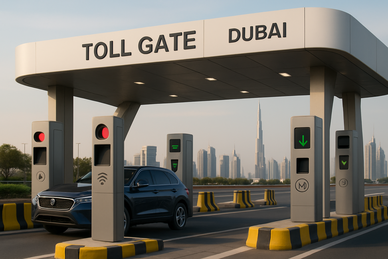 Modern toll gate in Dubai with automated payment system