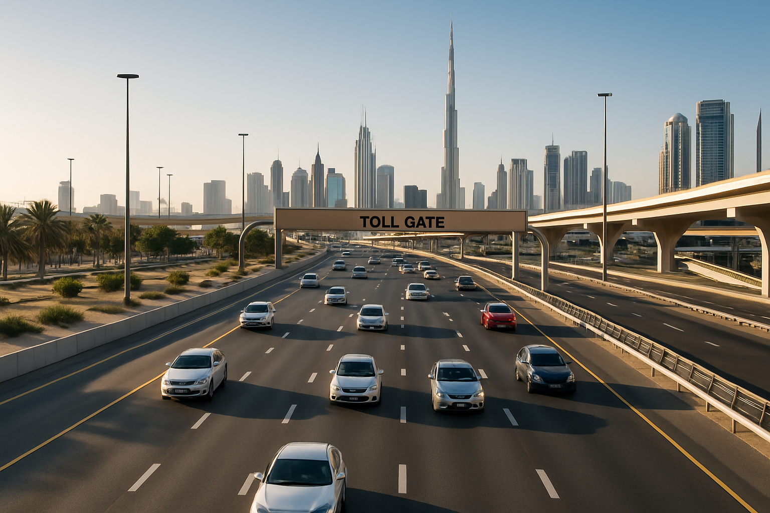 Smooth-flowing traffic on a paid road in Dubai